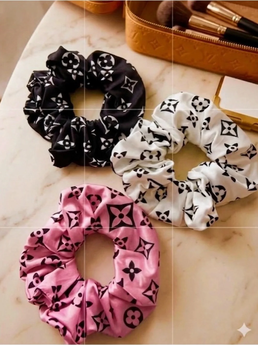Patterned Hair Scrunchie Trio — Black, White & Pink, large,